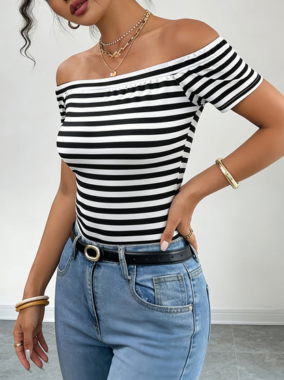 Dam Off-Shoulder Randig Topp – Elegant Bardot Stil för Vardag och Fest