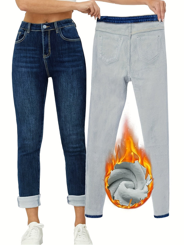 Damjeans med foder, mörkblå, slim fit, hög midja