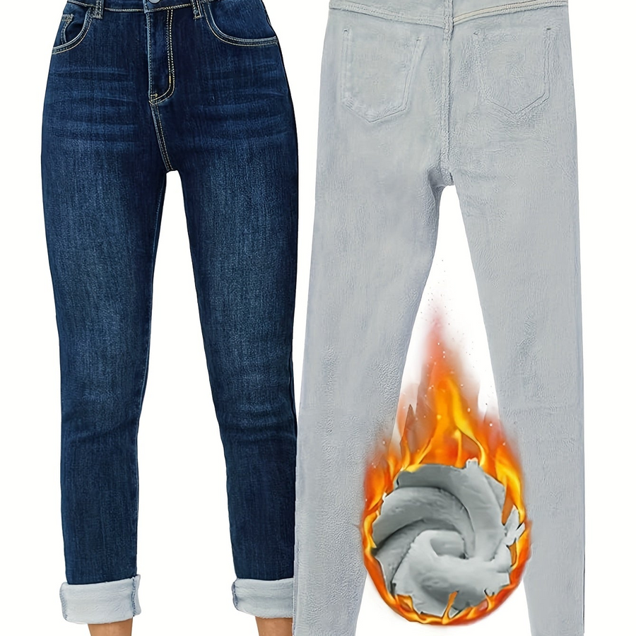 Damjeans med foder, mörkblå, slim fit, hög midja