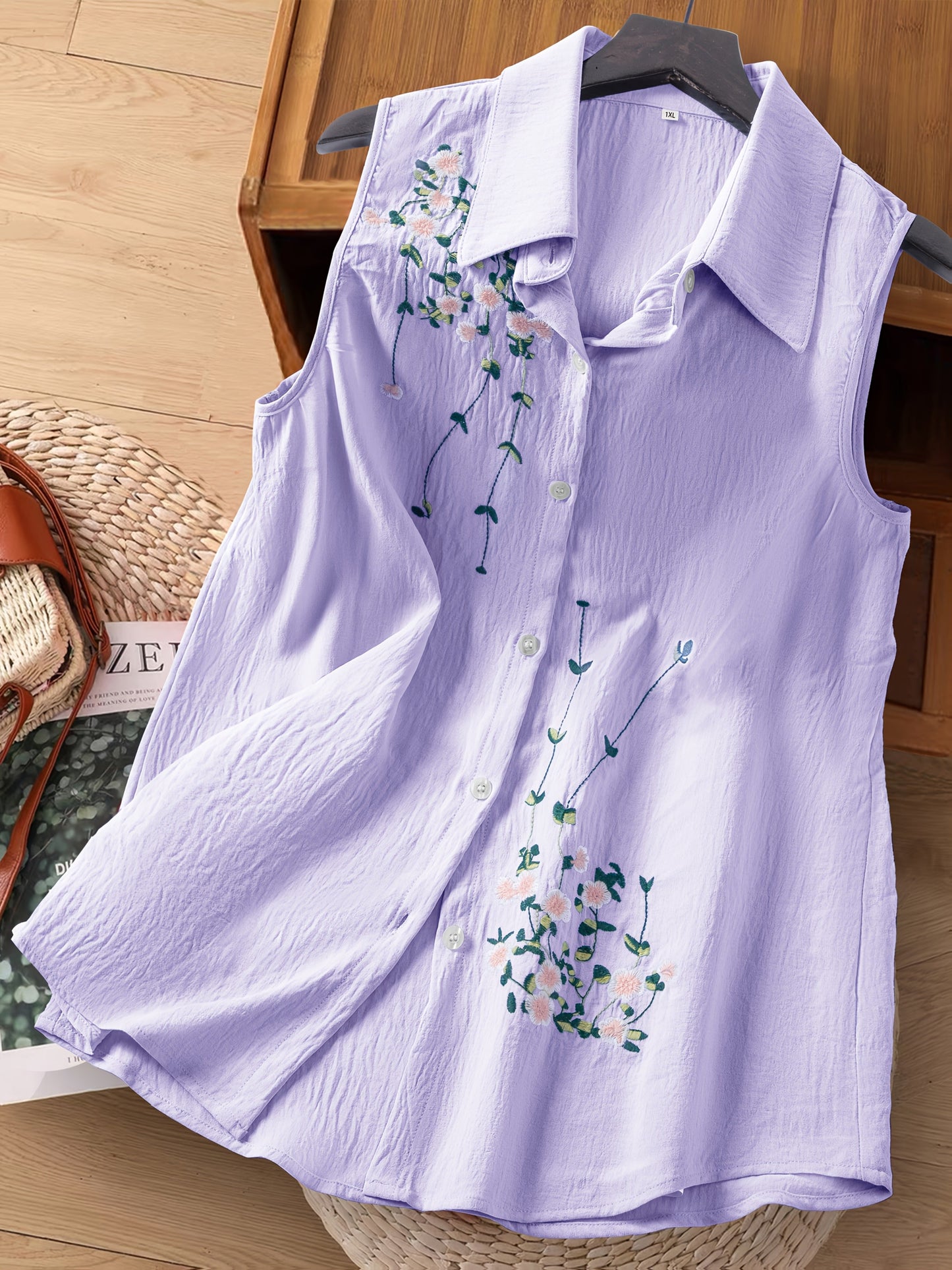 Dam Ärmlös Elegant Blus med Broderade Blommor – Perfekt För Vardag och Kontor