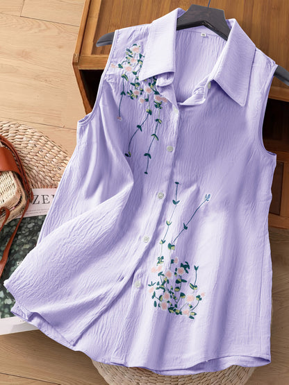 Dam Ärmlös Elegant Blus med Broderade Blommor – Perfekt För Vardag och Kontor