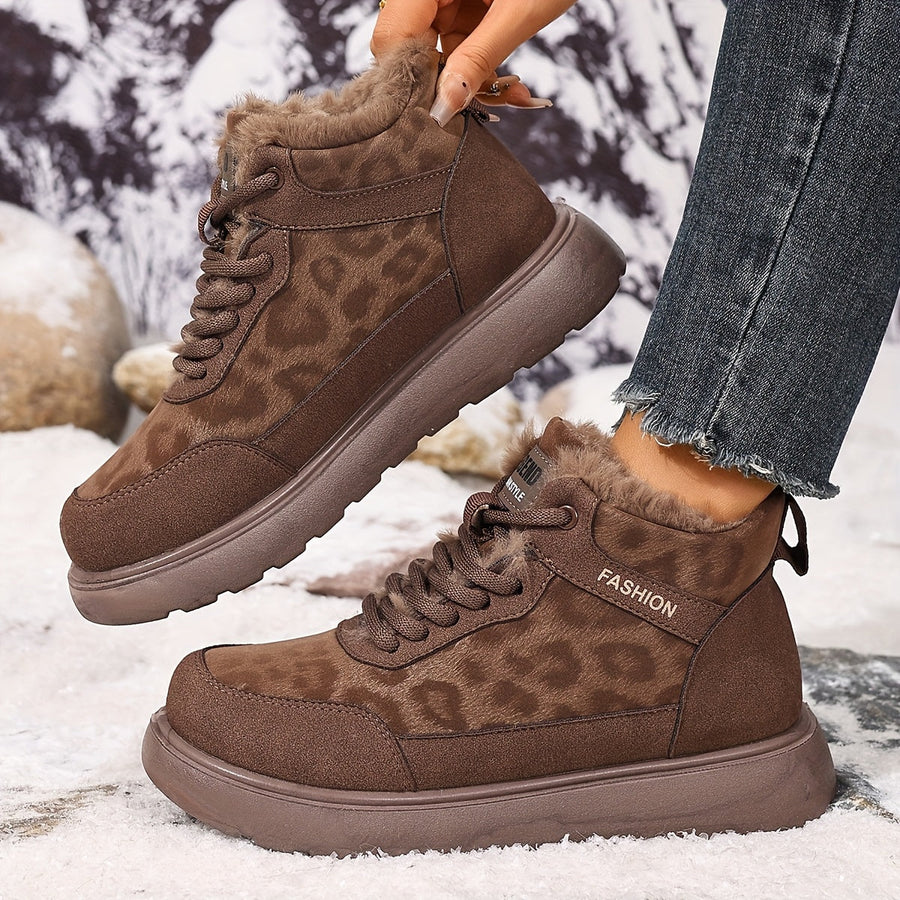 Bruna ankelboots med leopardmönster och foder i fuskpäls