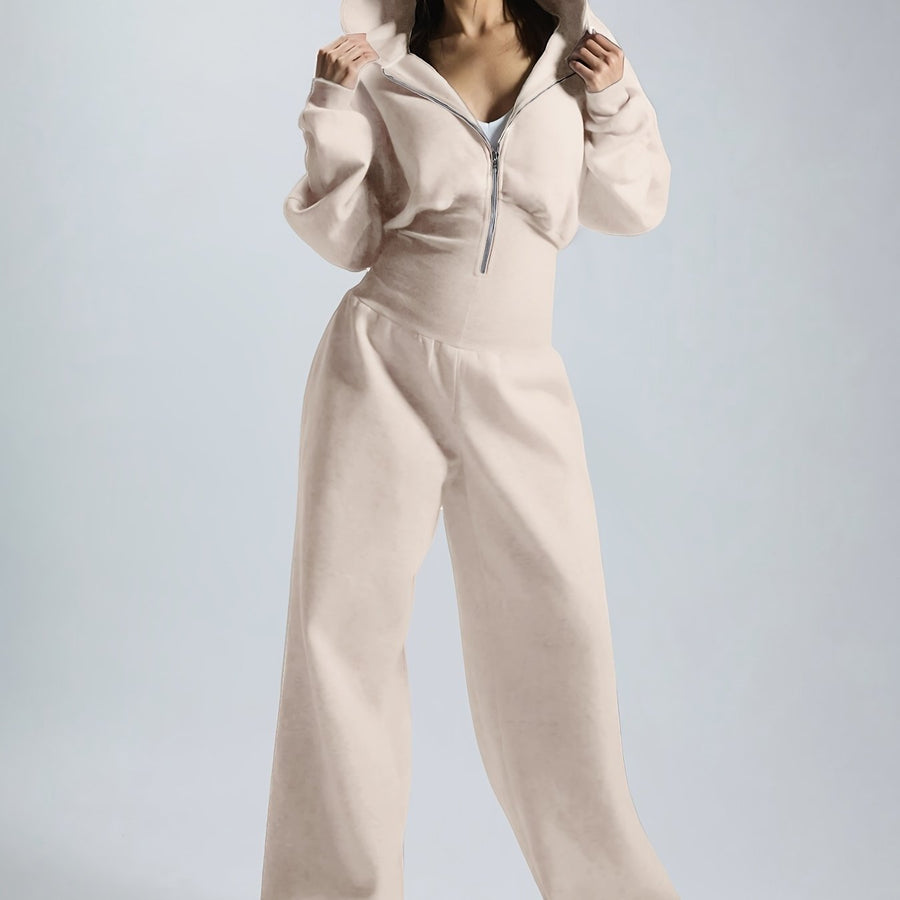 Dam jumpsuit med huva och dragkedja, vida ben