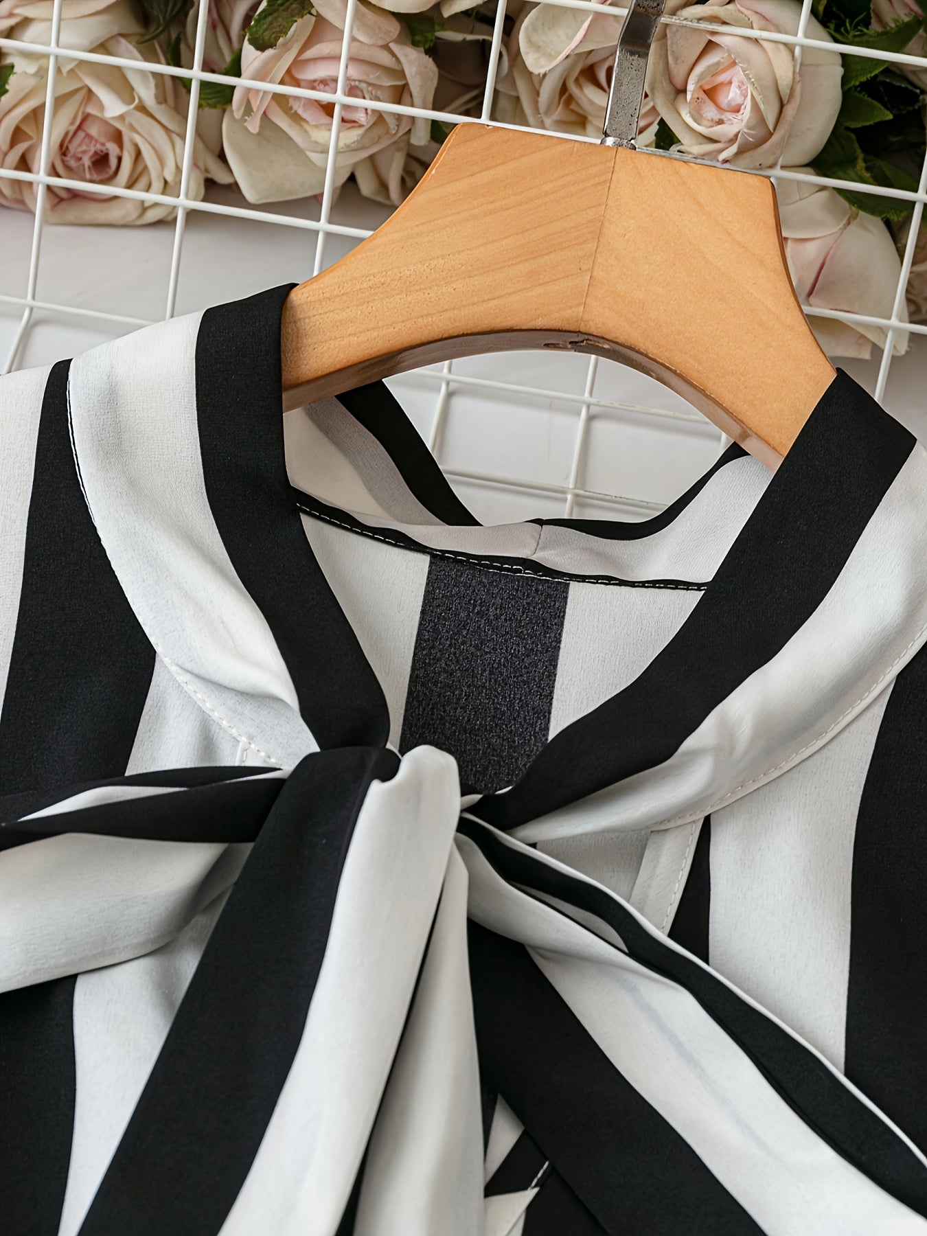 Dam Blus Elegant Randig Med Rosett Sommar Kontorsstil
