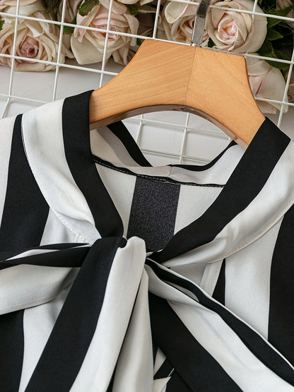 Dam Blus Elegant Randig Med Rosett Sommar Kontorsstil