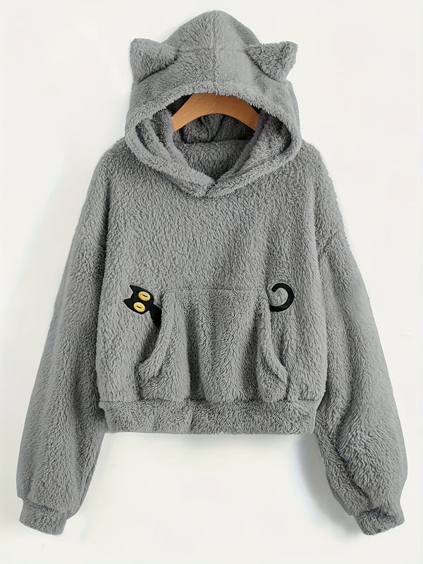Grå fluffig hoodie med kattöron och kattapplikation, mjuk mysig tröja med huva