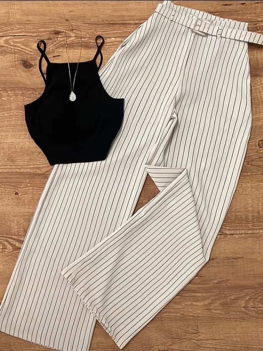 Dam Set: Elegant Randigt Byxor och Crop Top för Vår/Sommar – Perfekt för Kontor och Fest