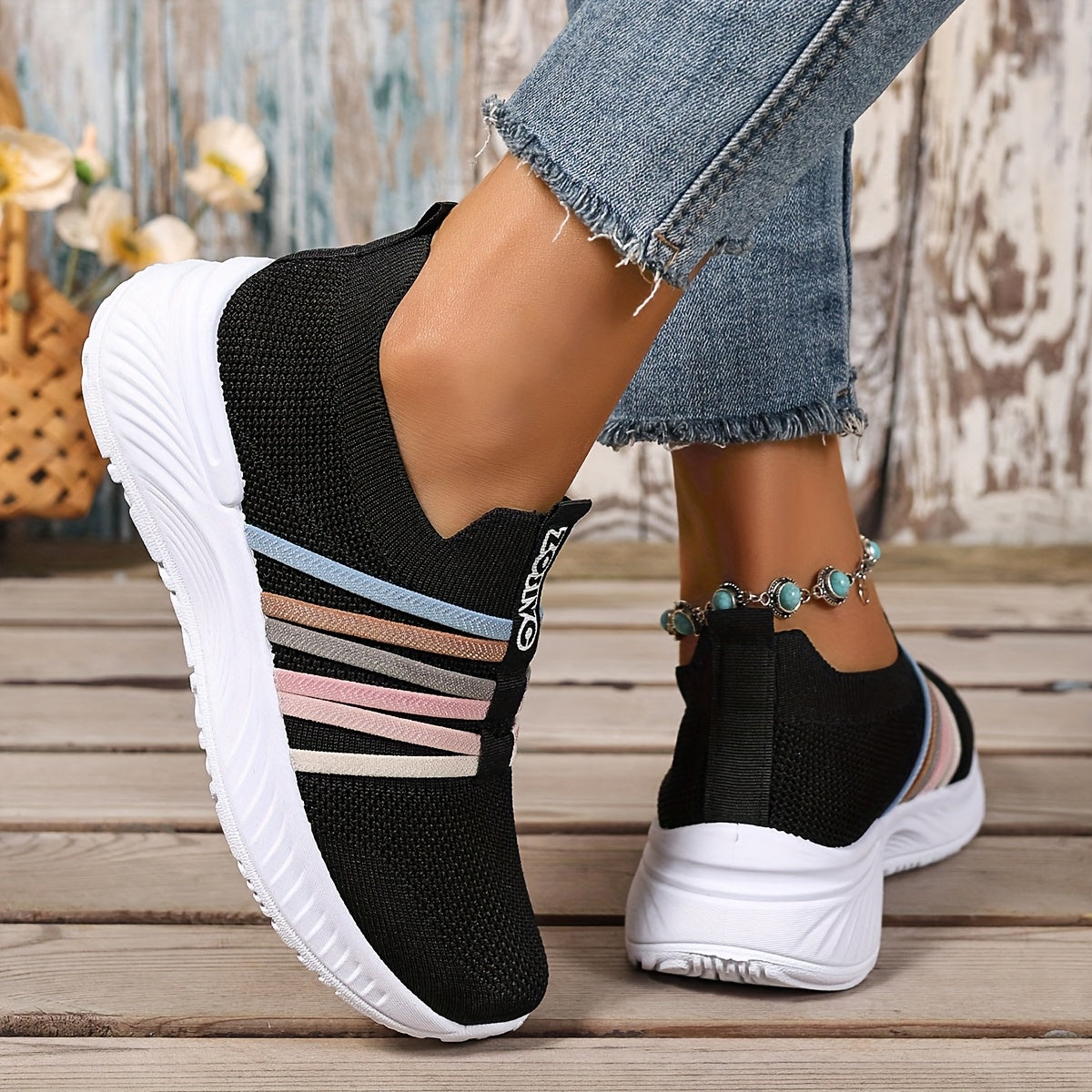 Dam Sneakers Slip-on Sportiga Vardagsskor Låg Modell – Trendig Randig Design
