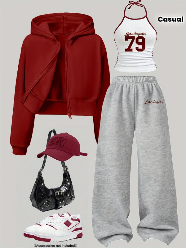 Dam Träningsset med Hoodie, Linne och Byxor, Casual Stil