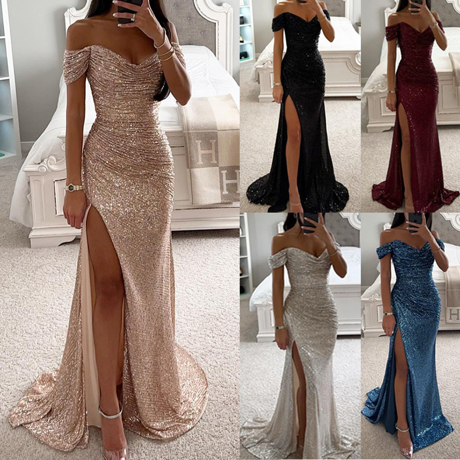 Somrig glittrig festklänning dam – elegant off shoulder långklänning för sommarbröllop och fest