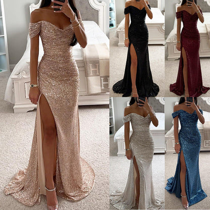 Somrig glittrig festklänning dam – elegant off shoulder långklänning för sommarbröllop och fest