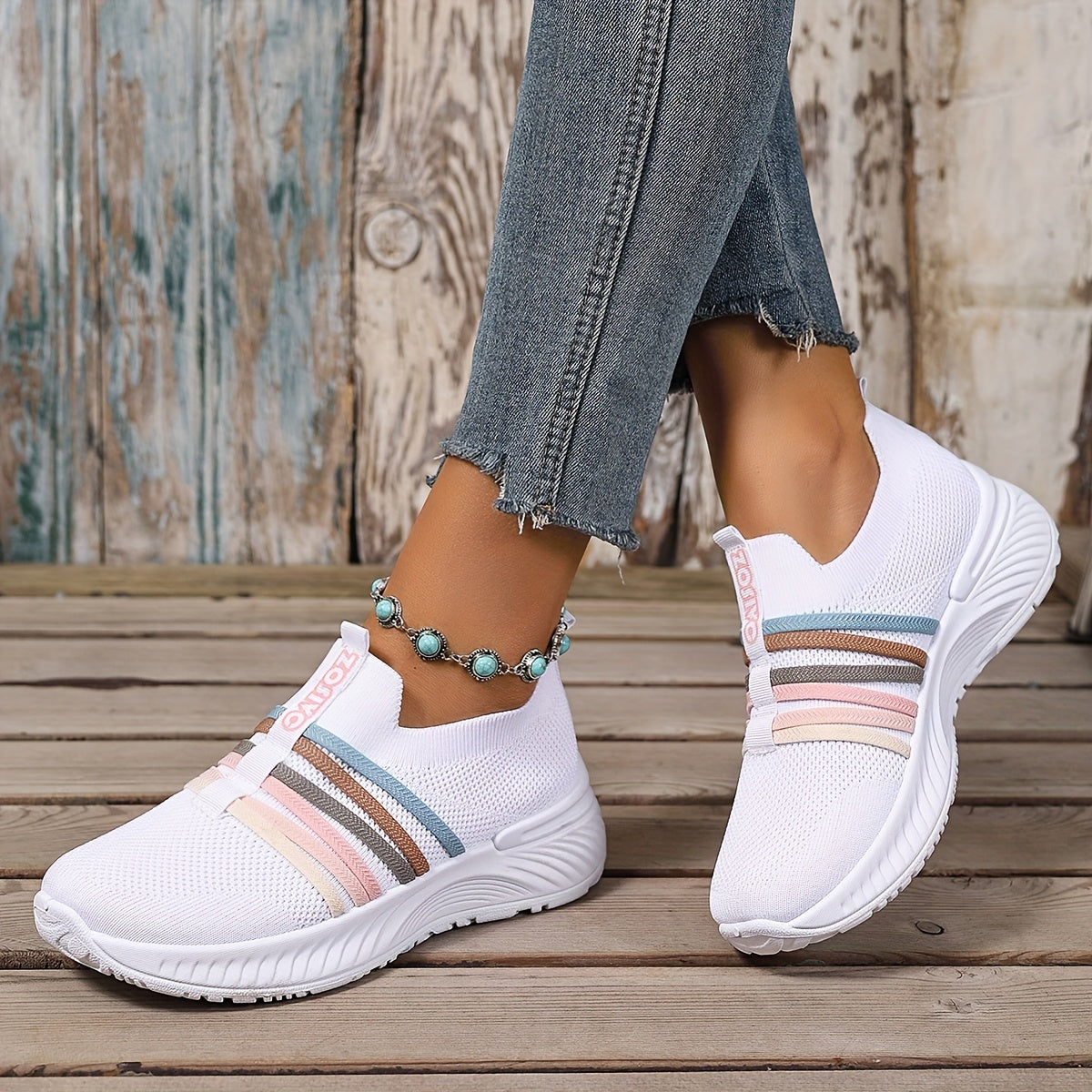 Dam Sneakers Slip-on Sportiga Vardagsskor Låg Modell – Trendig Randig Design