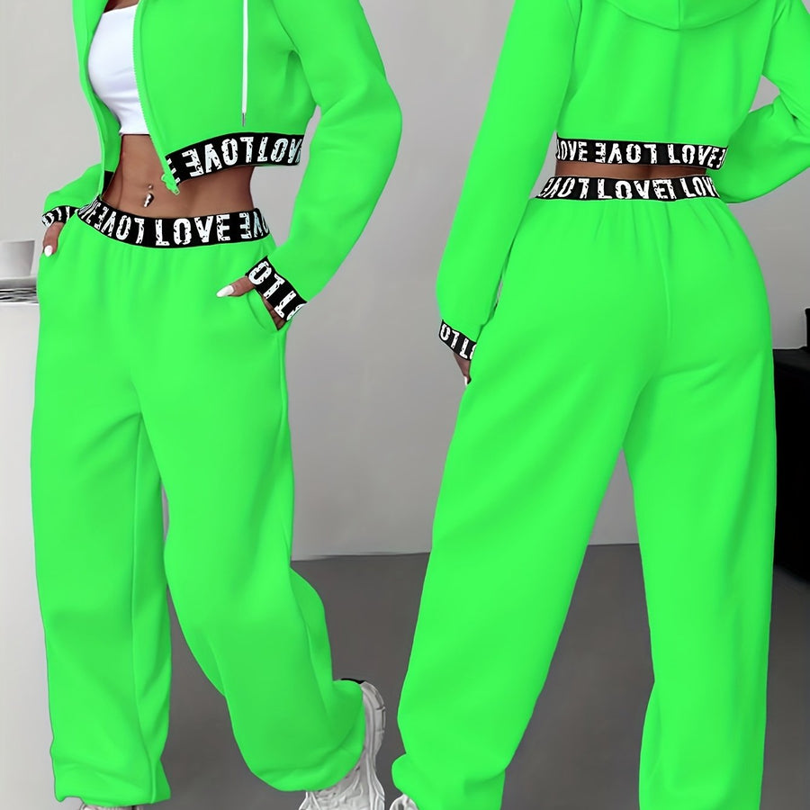 Dam Träningsset Crop Hoodie och Joggingbyxor med Hög Midja, Bokstavsmönster