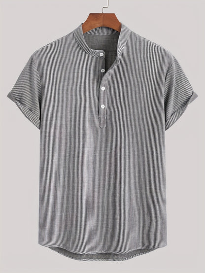 Herr Kortärmad Randig Henley Skjorta med Mandarin Krage – Modern Avslappnad Stil