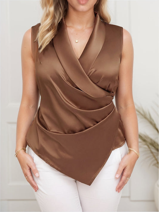 Dam Elegant Asymmetrisk Ärmlös Blus med Omlottkrage – Perfekt för Vår och Sommar