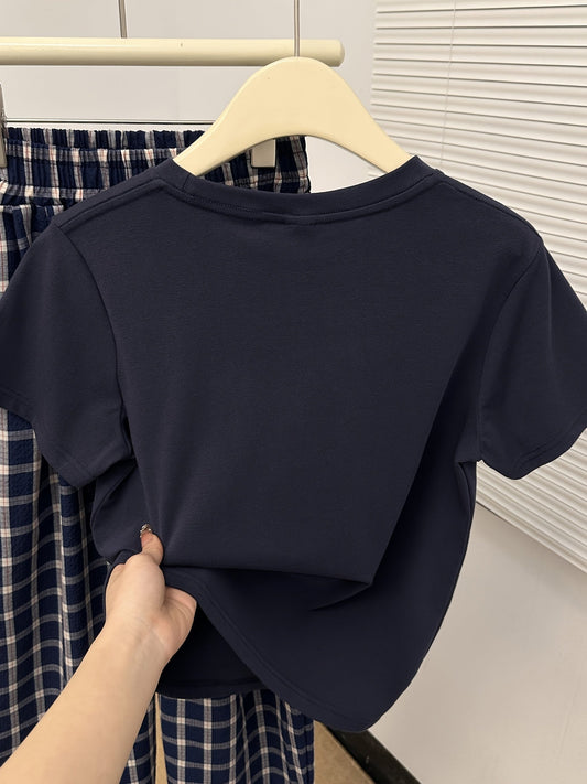 Dam Pyjamaset med T-shirt och Rutiga Byxor för Sommar, Söt Stil, Kort Ärms Pyjamas
