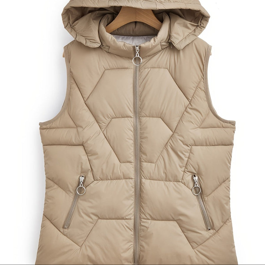 Kvinnors vadderad väst med huva, beige eller svart, dragkedja, fickor