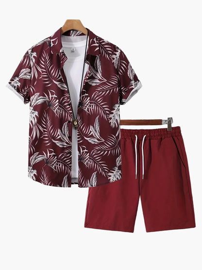 Herr Semester Set – Kortärmad Skjorta och Shorts med Tropiskt Mönster, Avslappnad Sommarstil