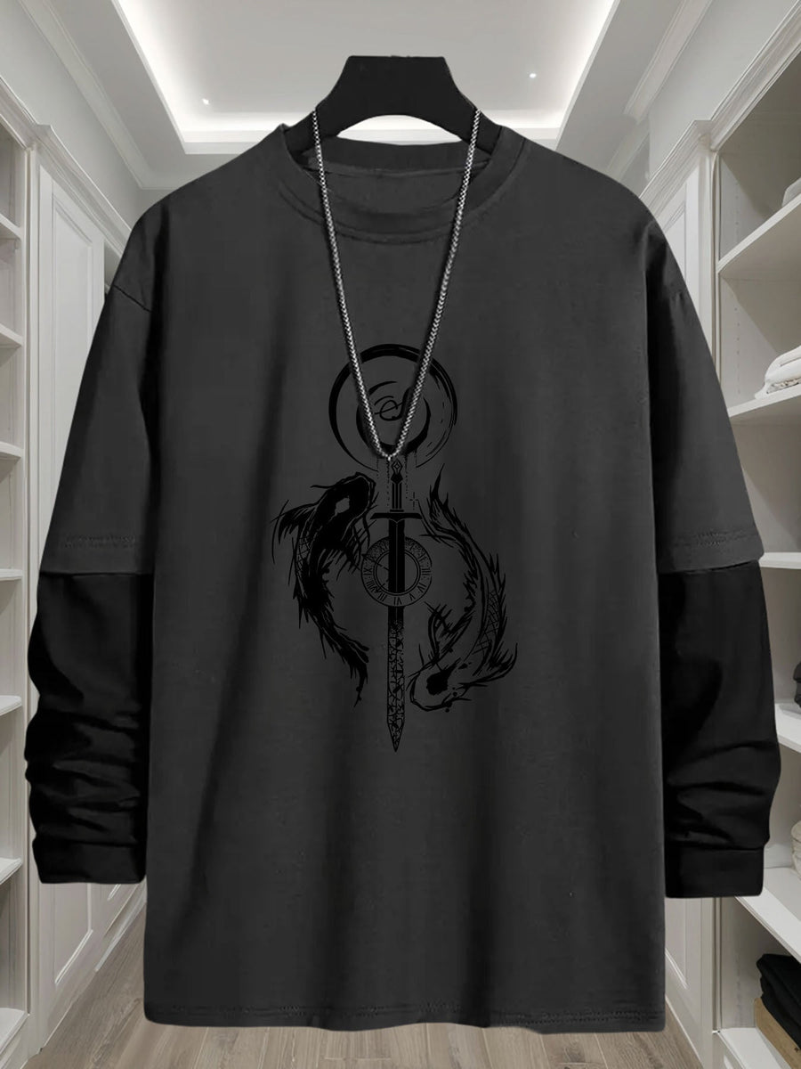 Långärmad t-shirt med lager-på-lager-look och svärd- & drakmotiv