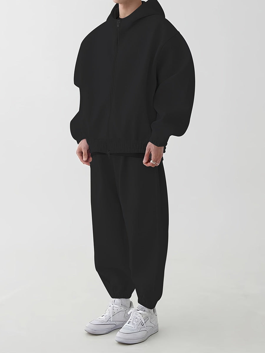 Hoodie och Mjukisbyxor Set, Ensfärgad Träningsset med Dragkedja