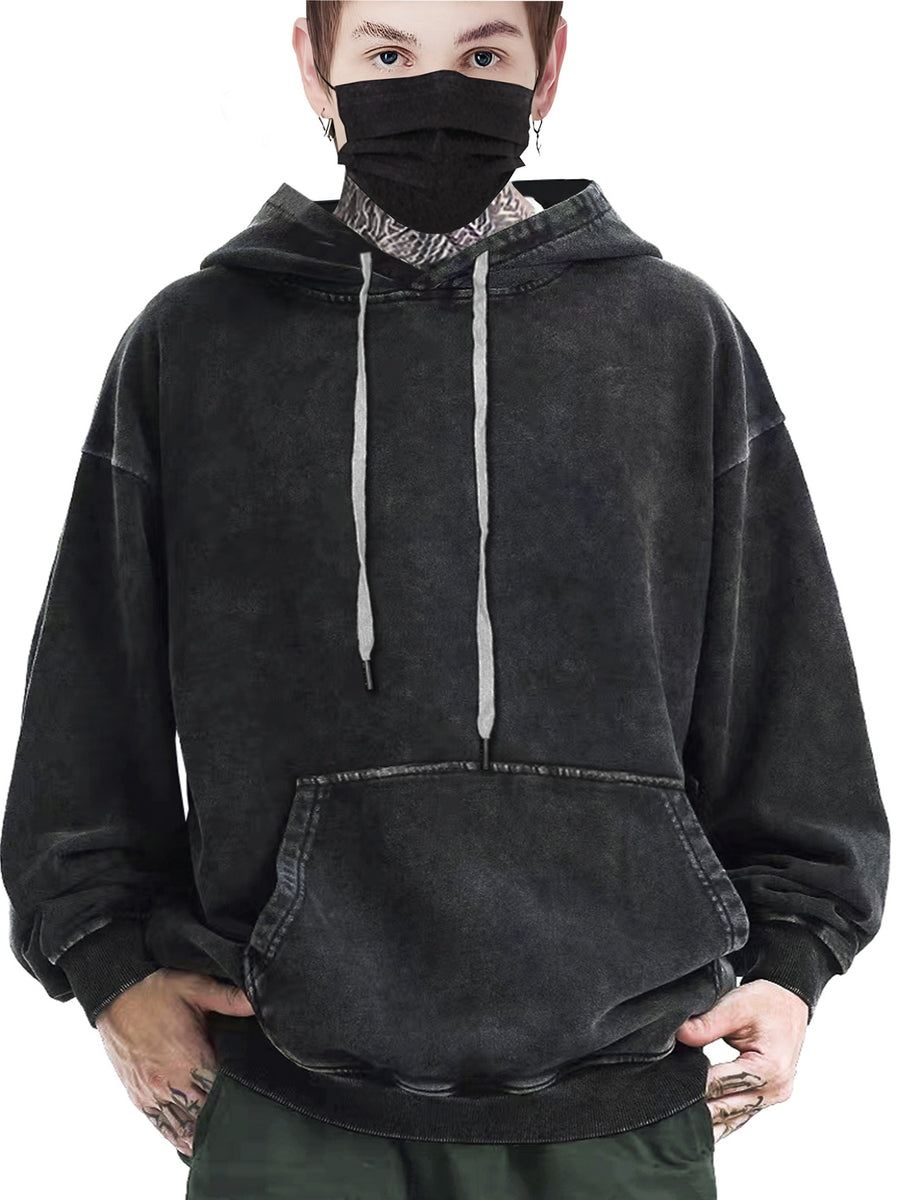 Unisex hoodie i mörk tvättad stil med huva och känguruficka