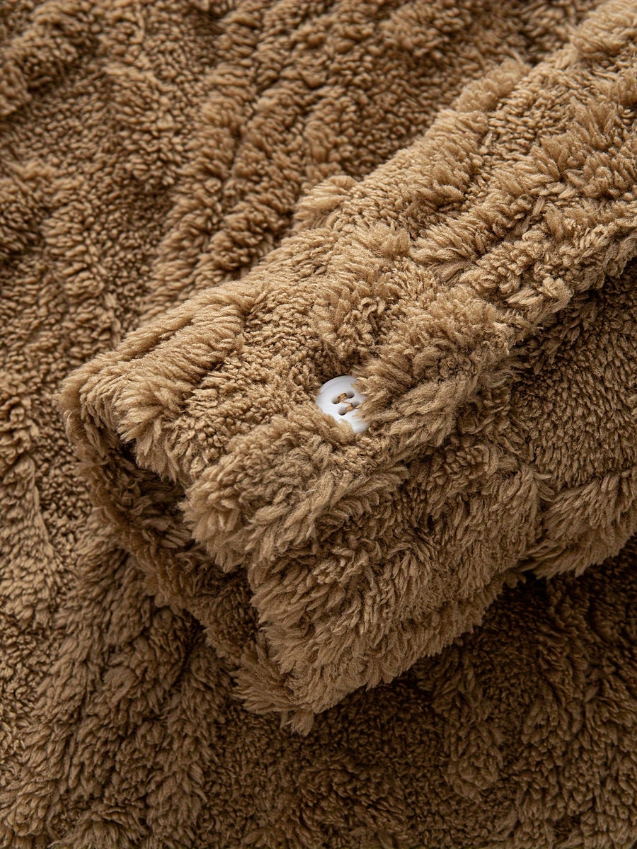 Hoodie i teddyfleece med knappar och ficka, fiskbensmönstrad