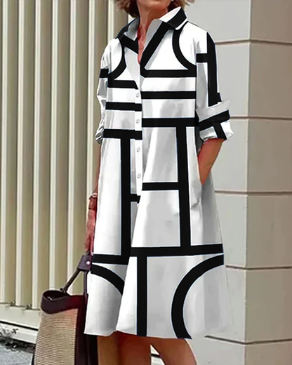 Dam Skjortklänning med Geometriskt Mönster och Fickor, Avslappnad och Elegant Vardagsstil