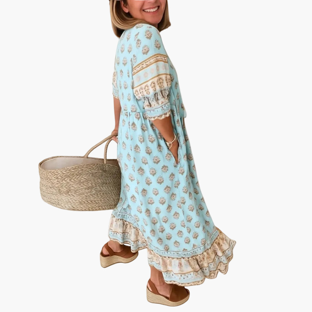 Damklänning Boho Stil Midi Avslappnad med Tryck och 3/4-Ärm för Sommar och Semester