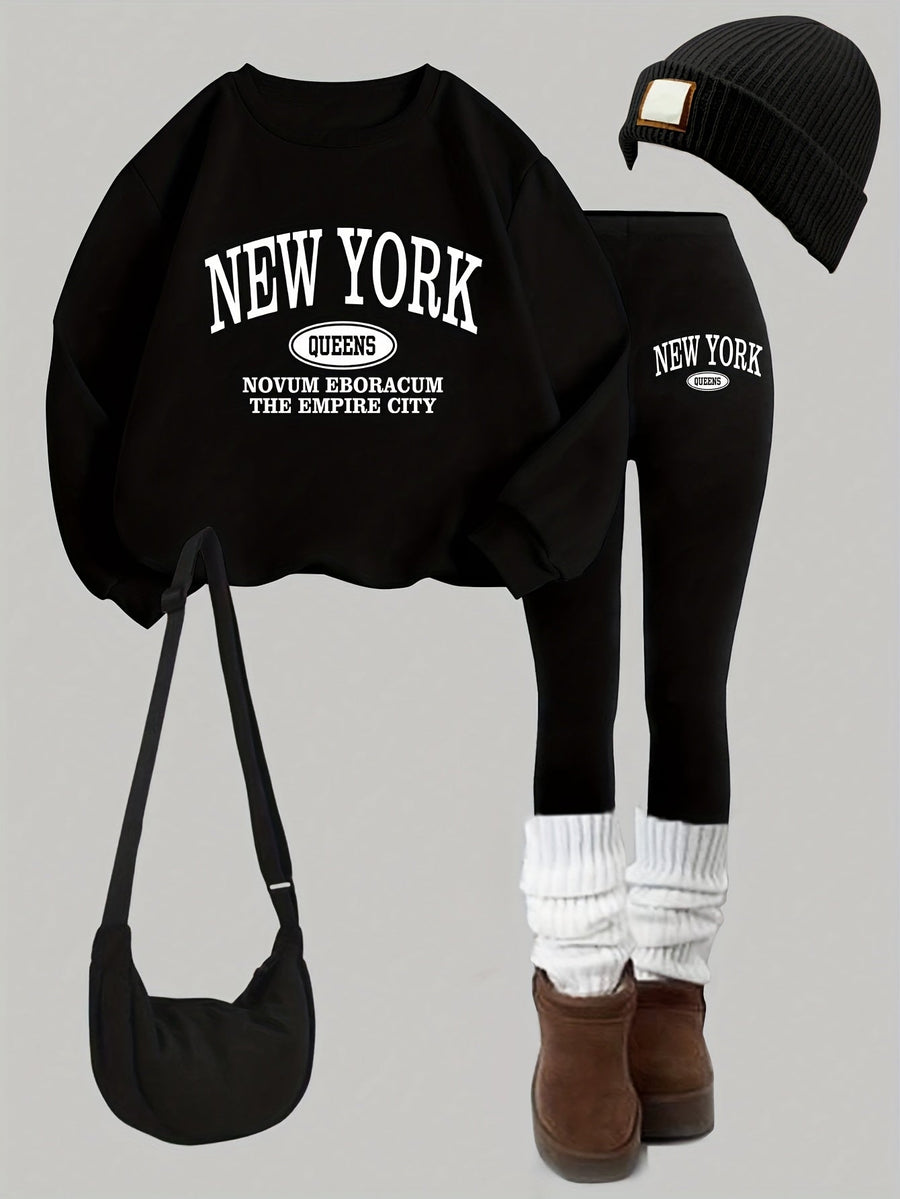 Dam Tröja & Leggings Set med New York-tryck, Rundhals, Långa Ärmar