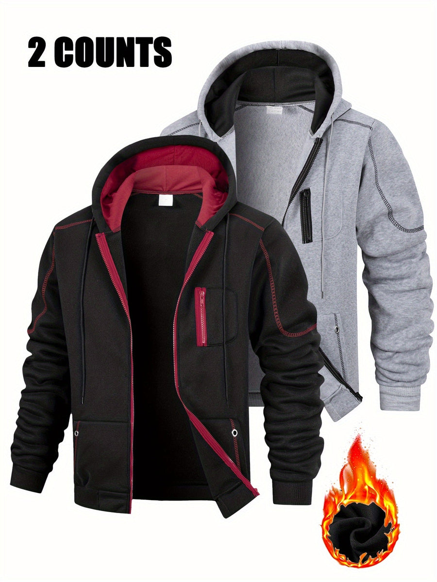 Hoodie med dragkedja och foder, 2-pack – Flerfärgad med kontrastsömmar