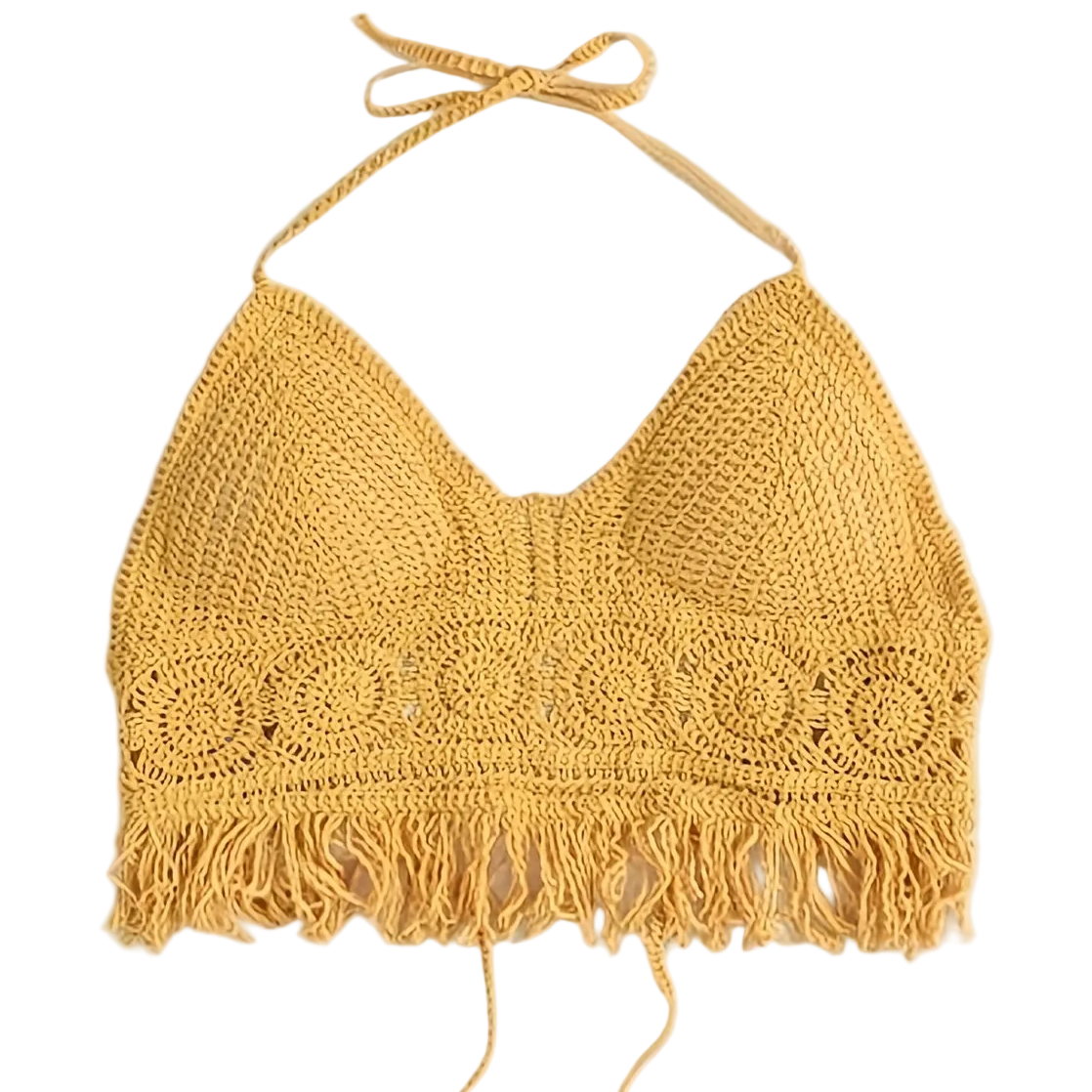 Dam Halterneck Virkad Boho Sommarlinne med Fransar – Festival & Strandmode