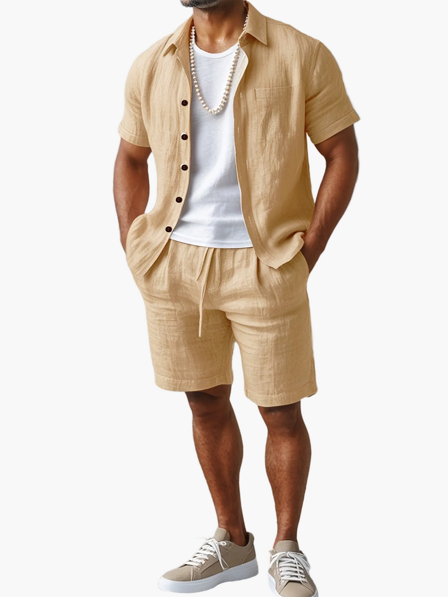 Herrset med kortärmad skjorta och shorts för strand och sommar – Boho-stil