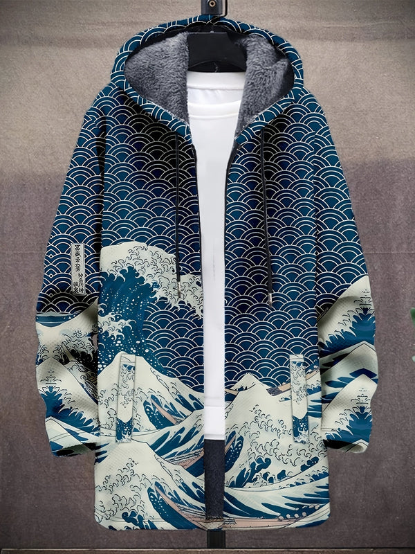 Unisex Lång Parkas med Vågmönster och Fuskpälsfoder