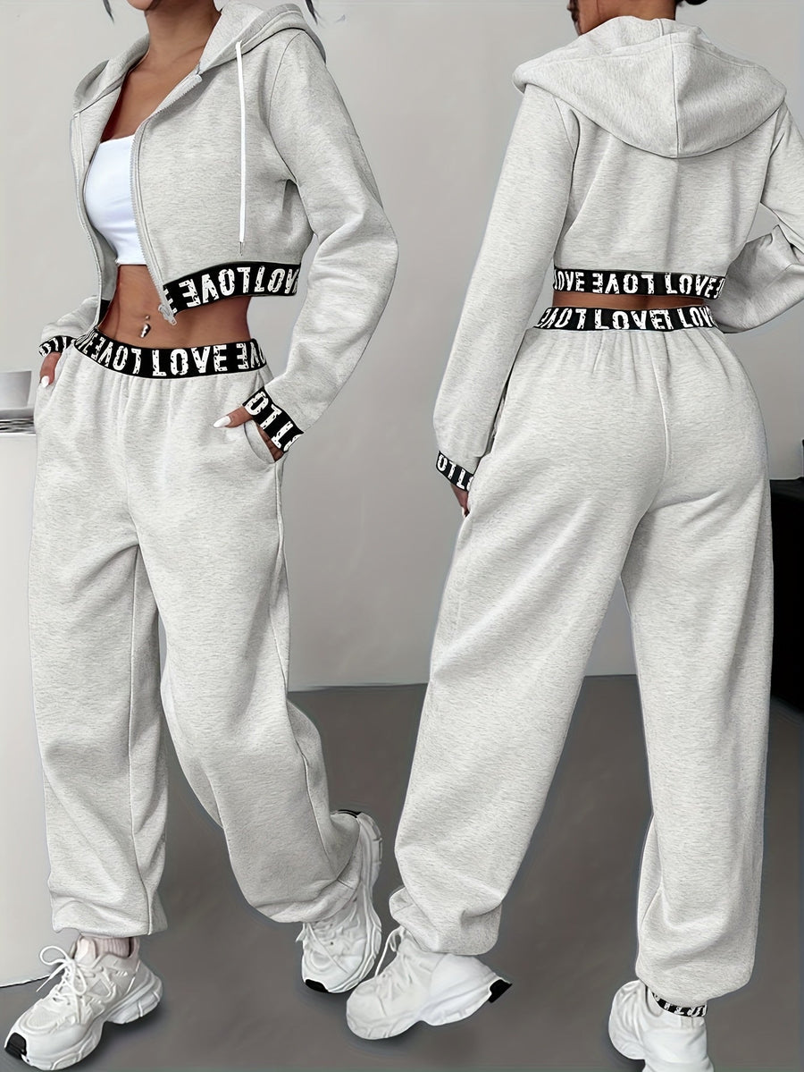 Dam Träningsset Crop Hoodie och Joggingbyxor med Hög Midja, Bokstavsmönster