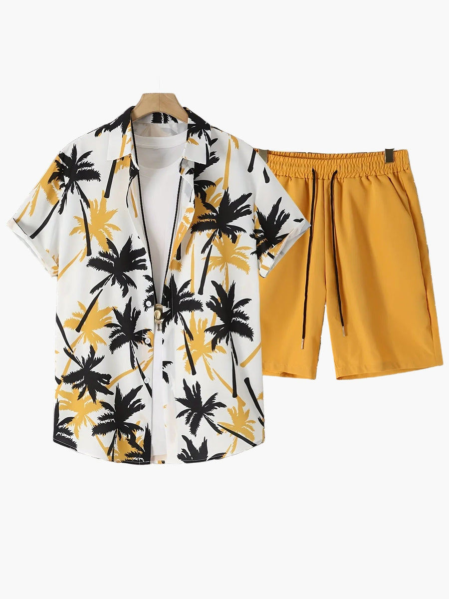 Herr Skjorta med Palmtryck och Shorts – Semesterset för Strand och Sommar