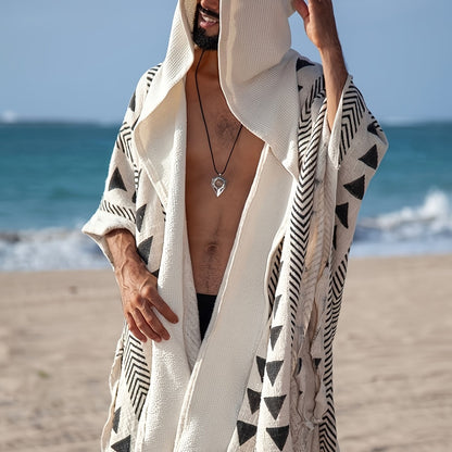 Herr Poncho Strand Kaftan med Geometriskt Mönster och Huvud – Bohemisk Festivalstil