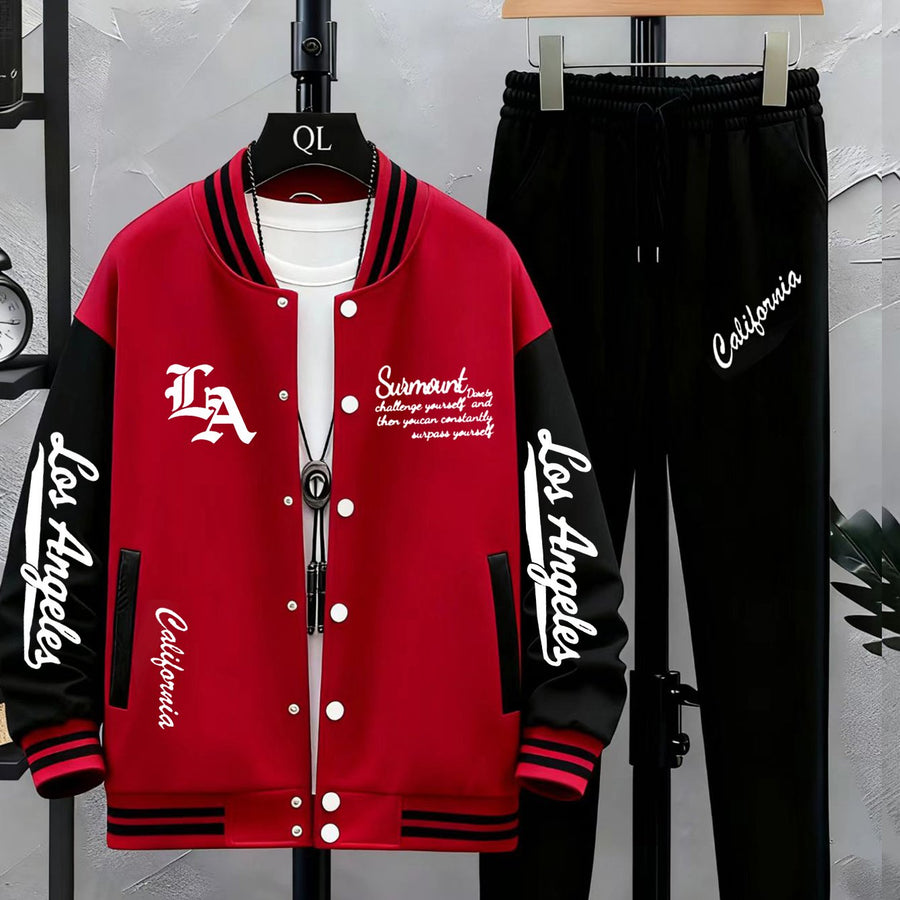 Unisex Varsity Träningsset med Tryck och Joggingbyxor, Tvåfärgad Jacka med Knappar
