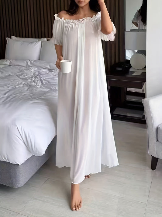 Dam Elegant Off Shoulder Lång Nattklänning med Volang – Sovplagg för Alla Säsonger