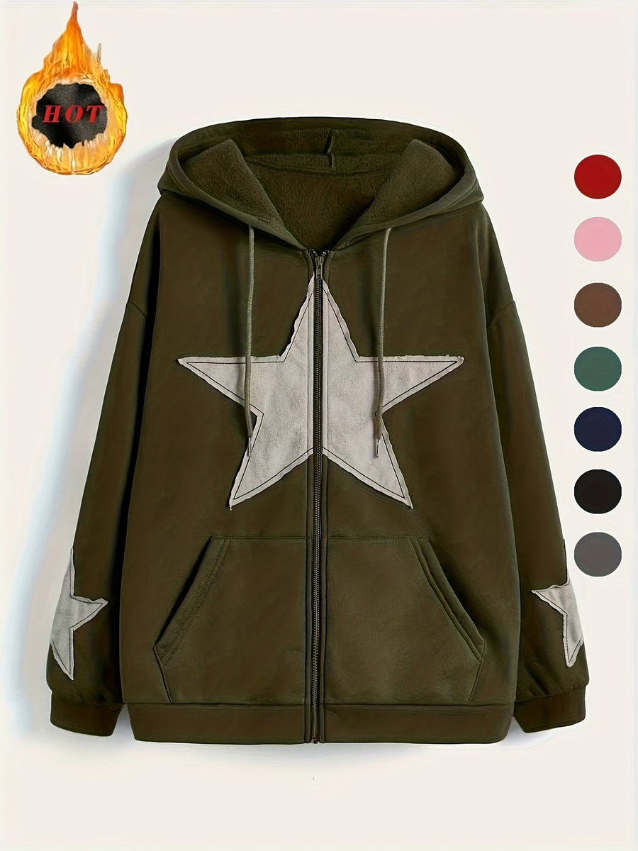 Brun Zip-up Hoodie med Huva och Stjärnmotiv – Rymlig Passform