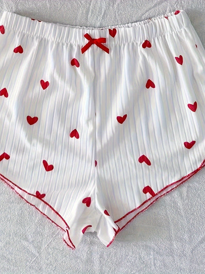 Dam Pyjamaset med hjärtmönster och rosett, sommar, tvådelad kort topp och shorts, söt och bekväm nattdräkt