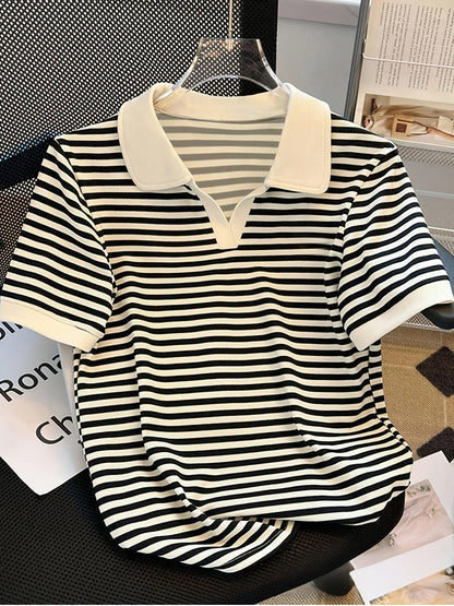 Damers Preppy Randig Pikétröja med Krage – Kortärmad, Vardagsstil, Smart Casual