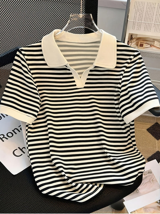 Damers Preppy Randig Pikétröja med Krage – Kortärmad, Vardagsstil, Smart Casual