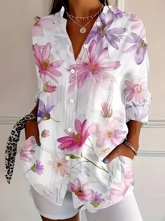 Dam Blommig Långärmad Skjorta – Elegant Vår/Sommar Stil för Avslappnad och Trendig Look