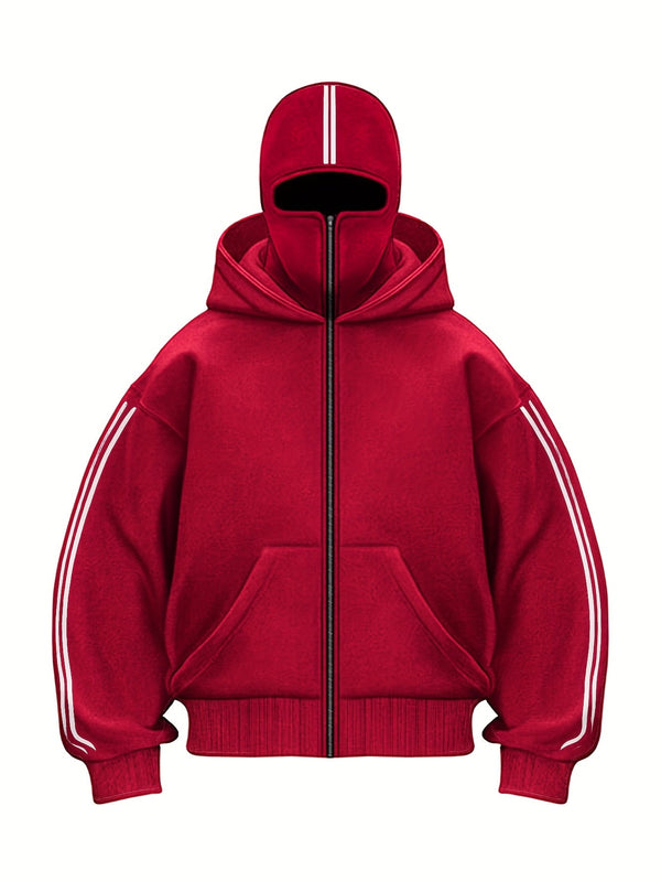 Hoodie med dragkedja och integrerad balaklava, vita ränder