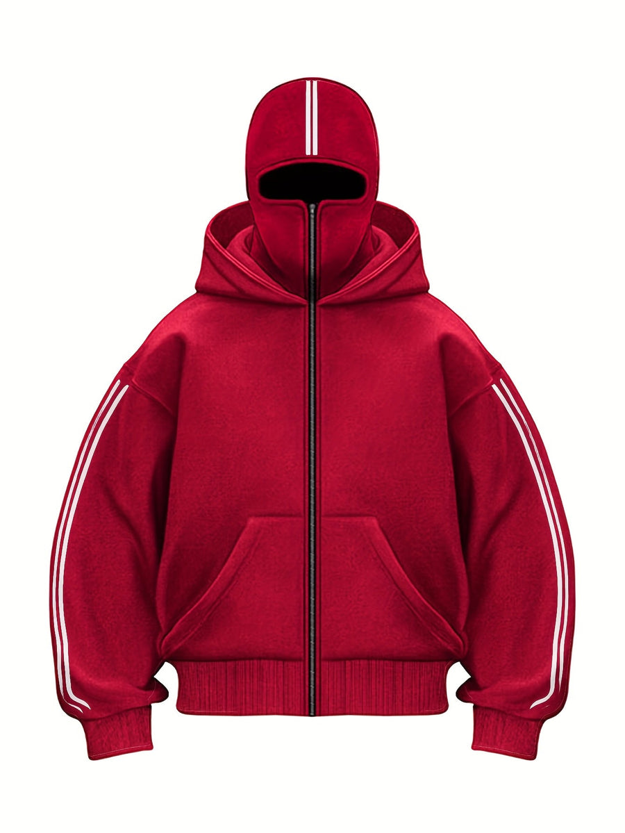 Hoodie med dragkedja och integrerad balaklava, vita ränder