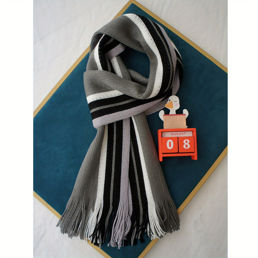 Men's Striped Fringed Color Blocked Winter Scarf