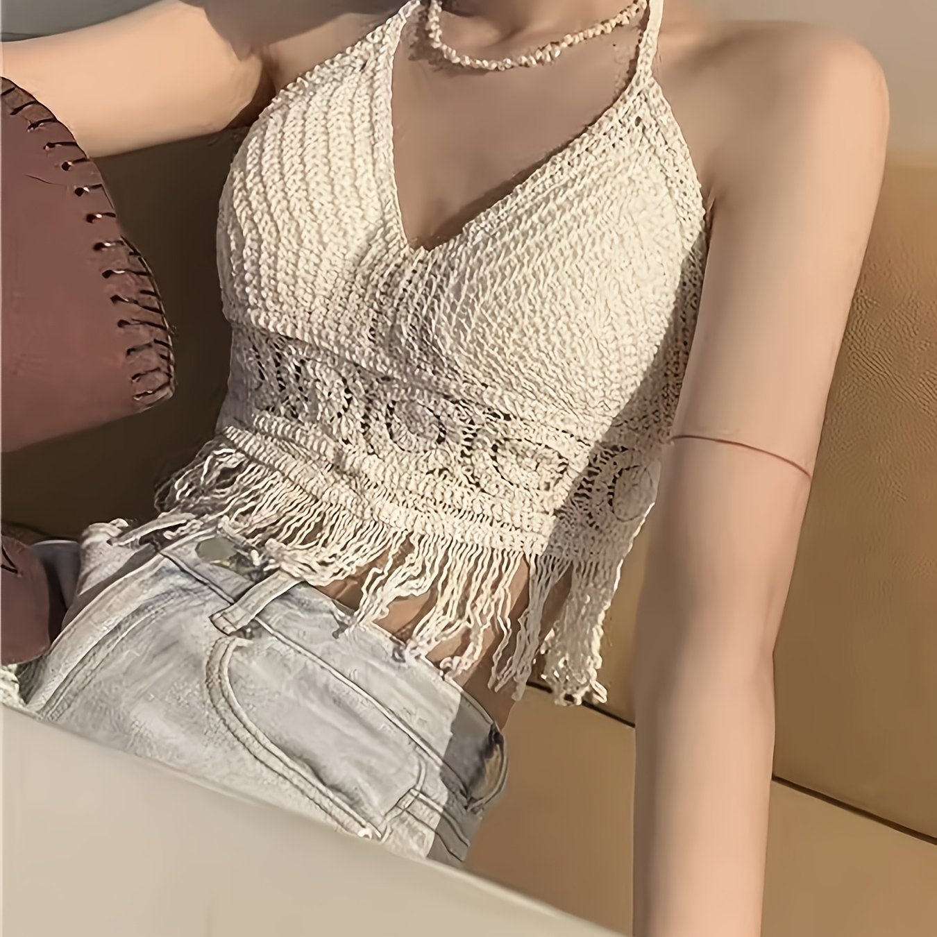 Dam Halterneck Virkad Boho Sommarlinne med Fransar – Festival & Strandmode