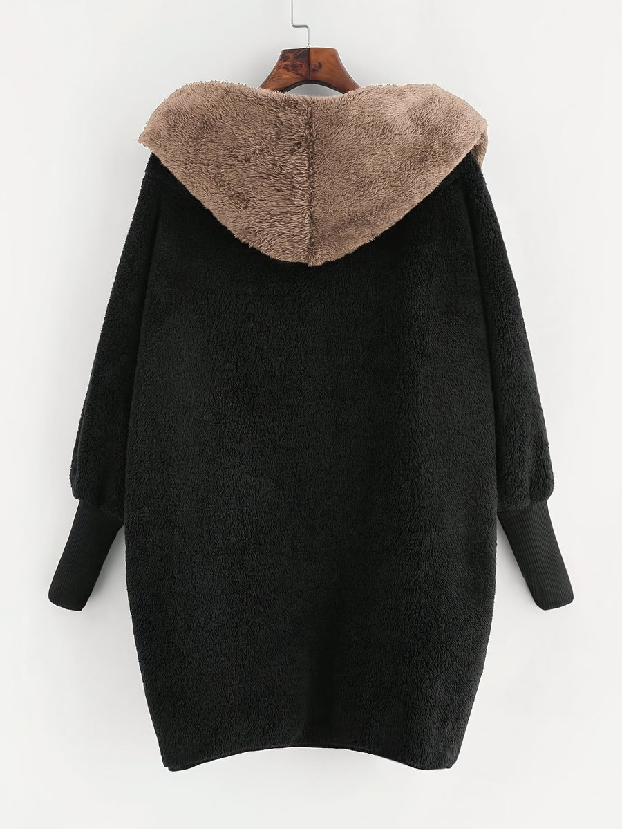 Fleecefodrad cardigan med huva och muddar, mysig lång kofta i mjukt material