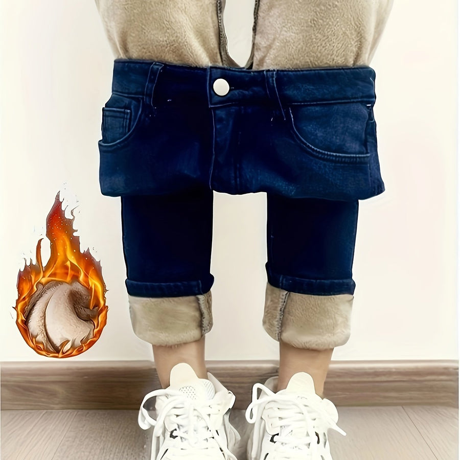 Svarta jeansleggings med foder, stretchiga termobyxor med hög midja