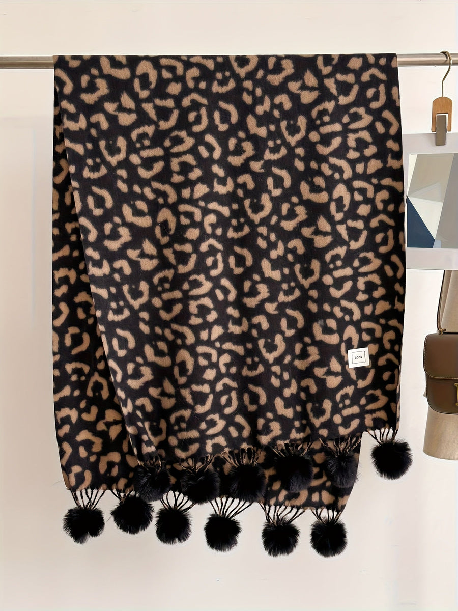 Leopardmönstrad sjal med tofsar för dam, brun